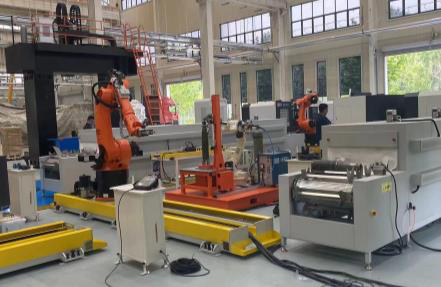 Spherical-scanner inspection robots on floor rails in a large workshop