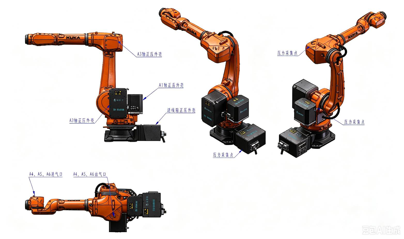 Explosion-proof robot outline: positive-pressure housings and pressure pick-up points